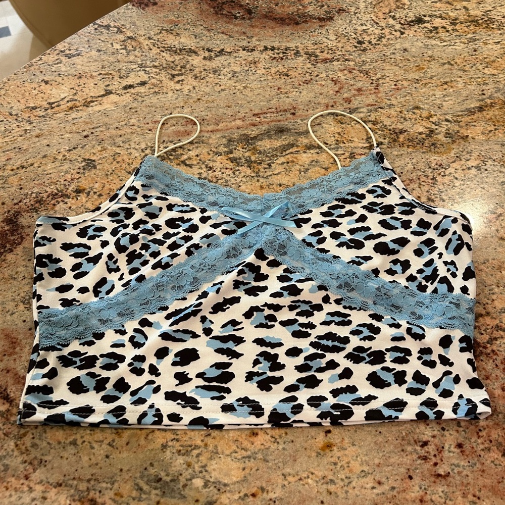 Blue, white, black lace leopard tank top